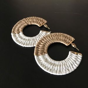 Universal thread tan & white woven hoop earrings